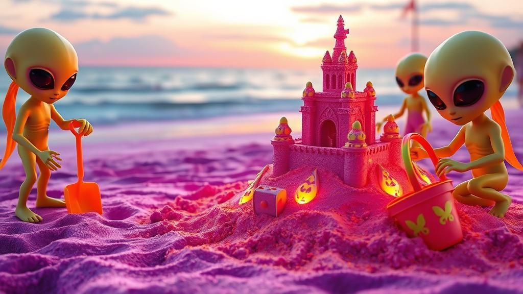Alien Children Build Sandcastle on Purple Beach