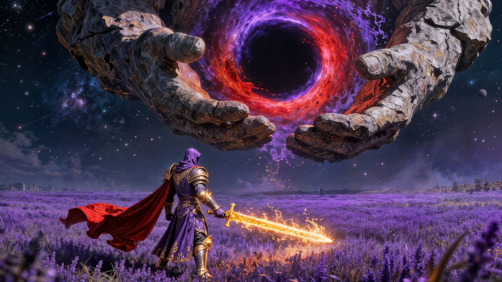 Faceless Knight with Flaming Sword Under Cosmic Hand