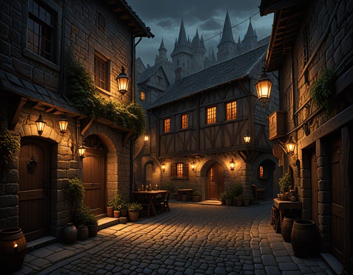 Medieval Tavern in Lantern-Lit Alleyway - Matte Painting