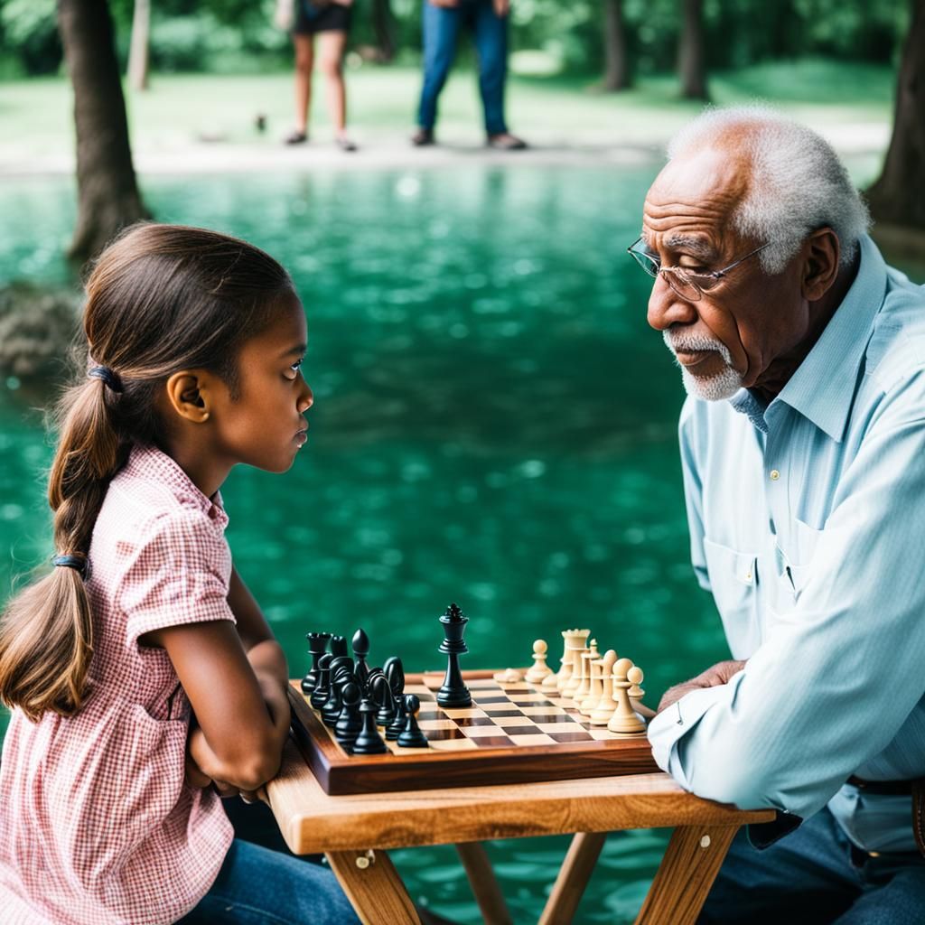 Girl and Grandfather Playing Chess