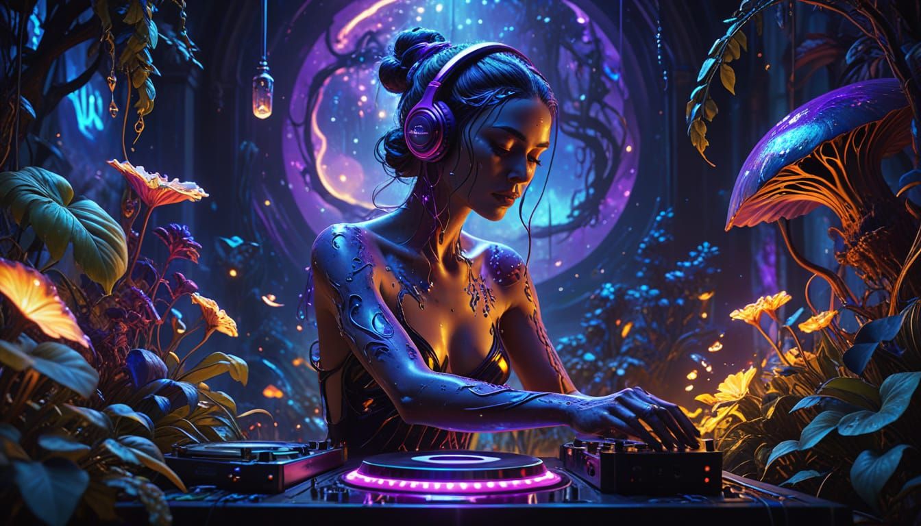 Surreal Fairy DJ in Vibrant Exotic Landscape
