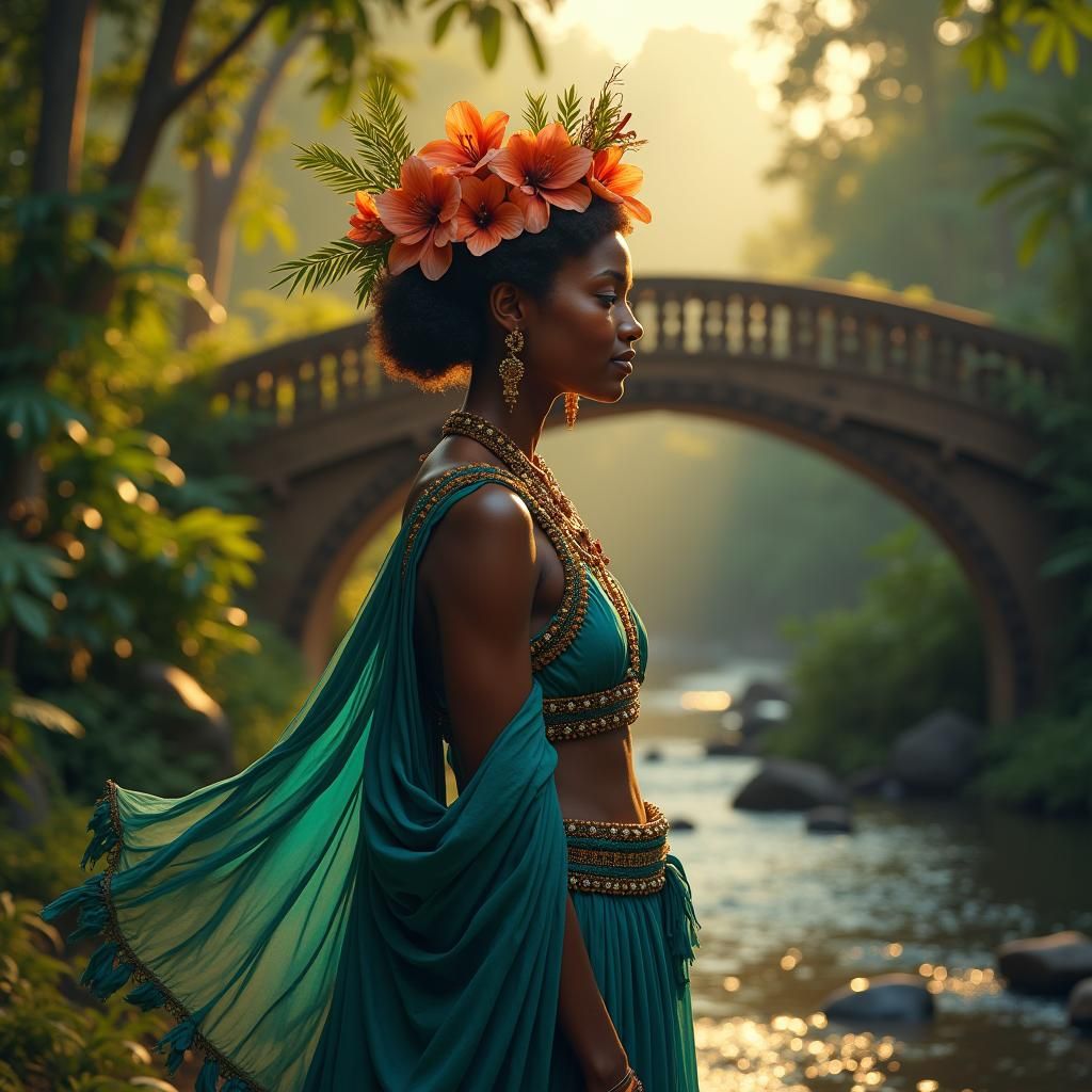 African Woman with Flower Crown in Fantasy Forest