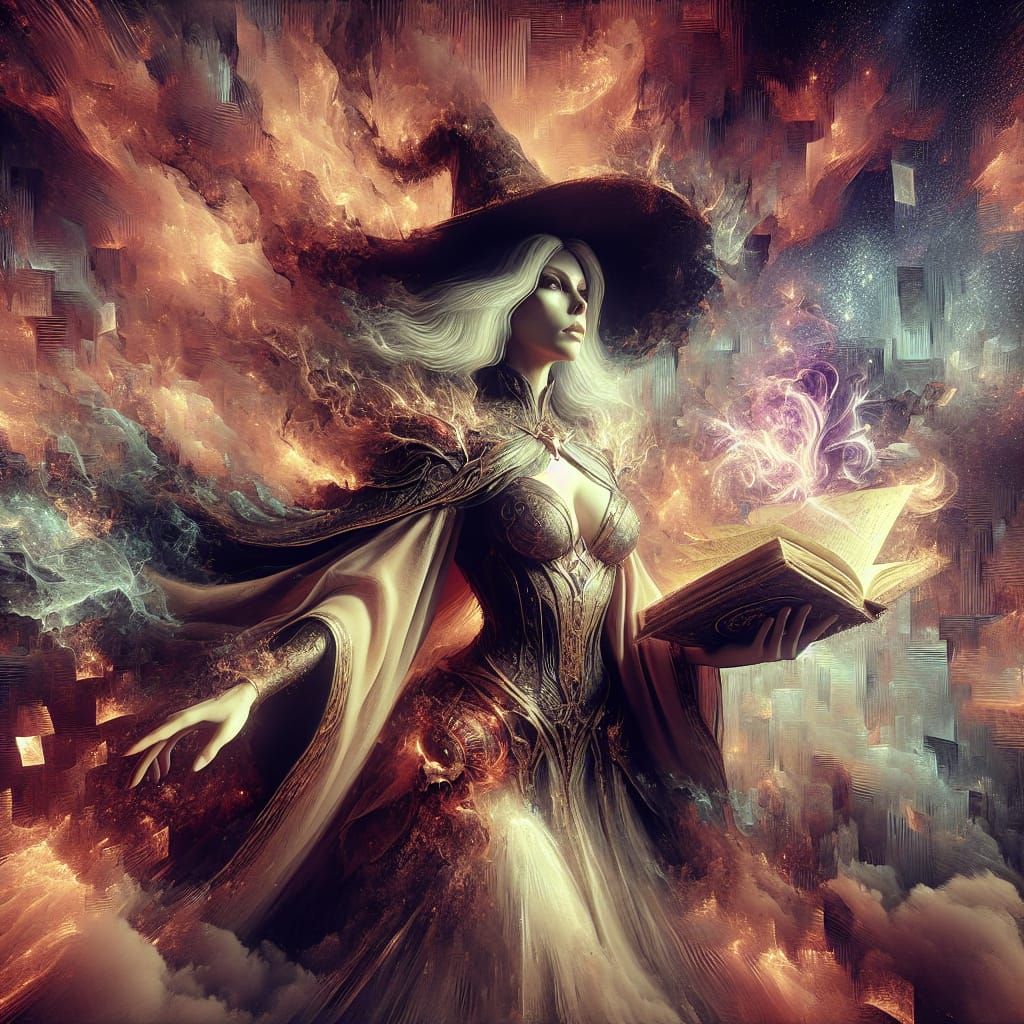 Epic Witch Holding Tome as World Crumbles
