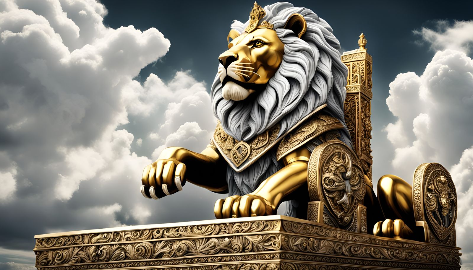 Lion Warrior King on Throne in White and Gold