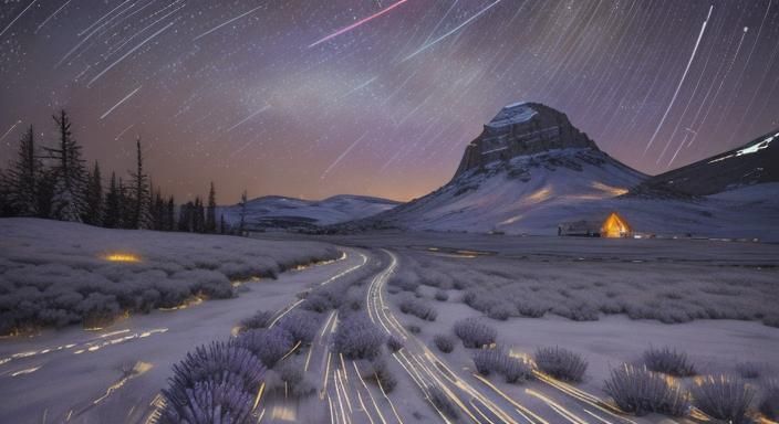 Star Trails Over Icy Winter Lavender Field
