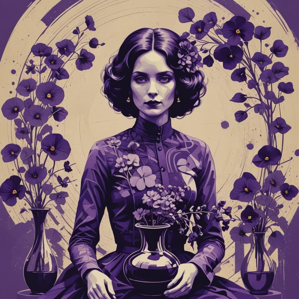 Purple Portrait with Viola Field in Pop Art Style