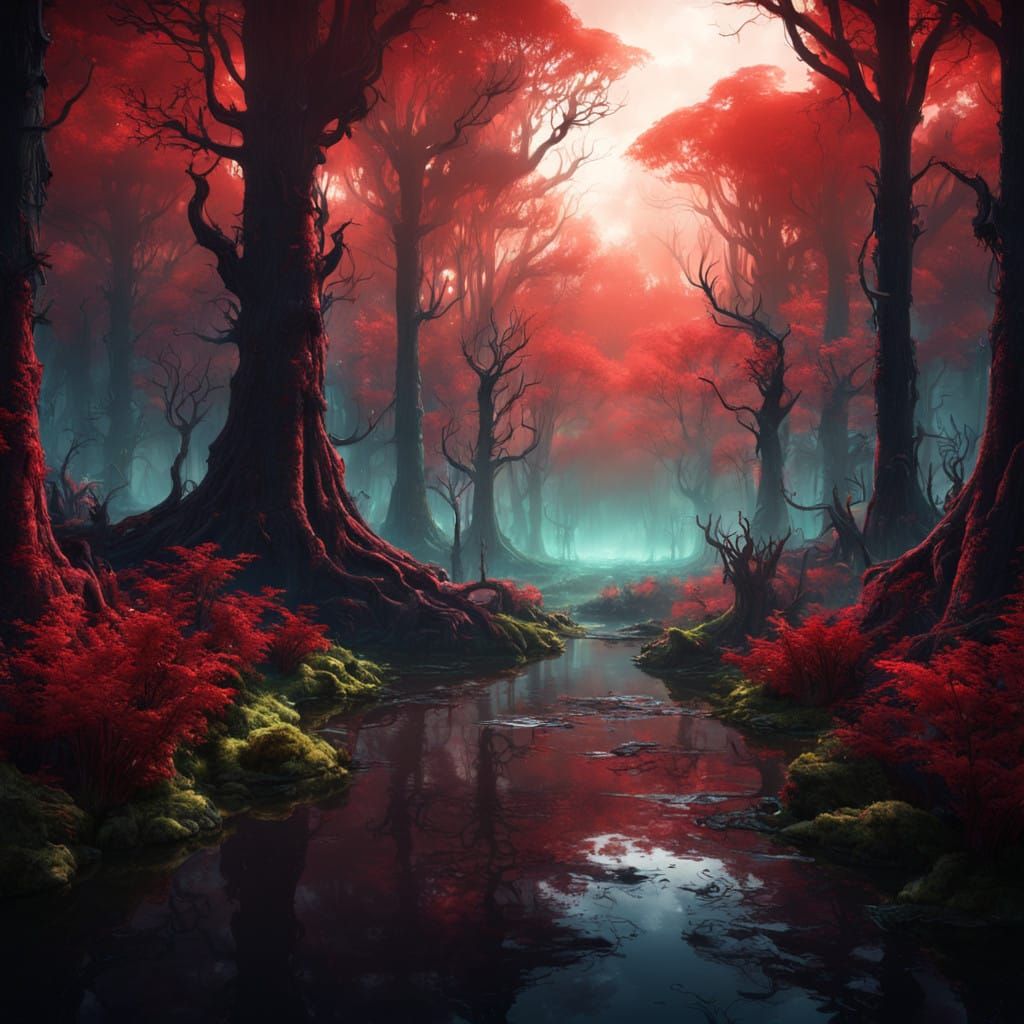 Ethereal Forest Realm in Vibrant Red Hues