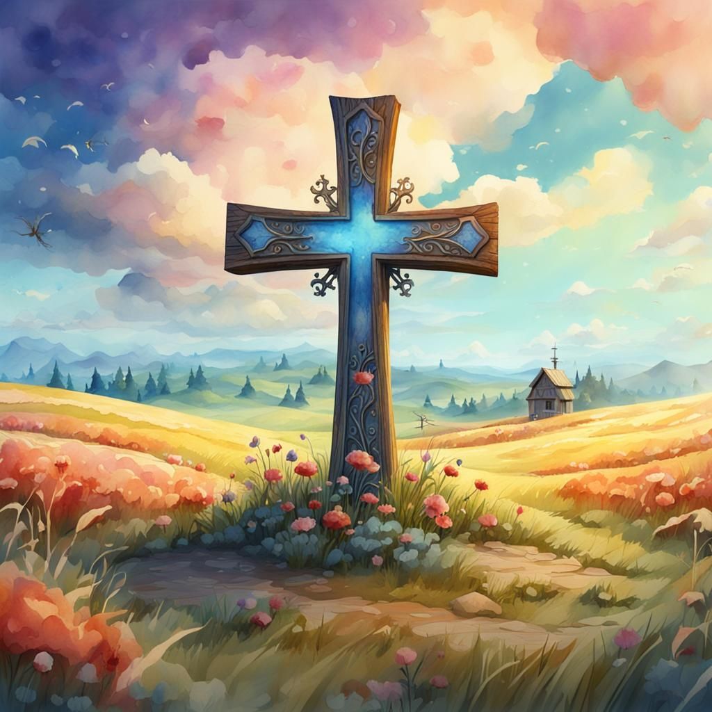 Whimsical Watercolor Cross in Open Field