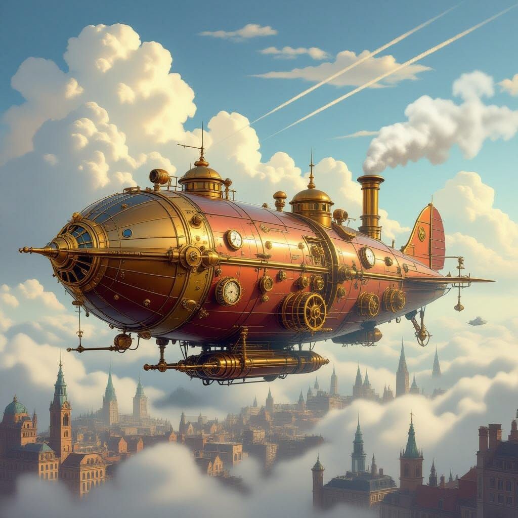 Steampunk Airship Soars Above Victorian Cityscape in Vintage...