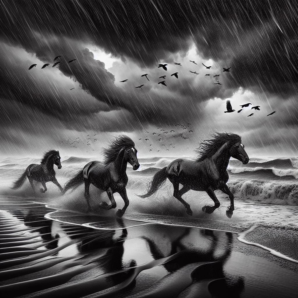 Bronze Horses Gallop on Stormy Shore