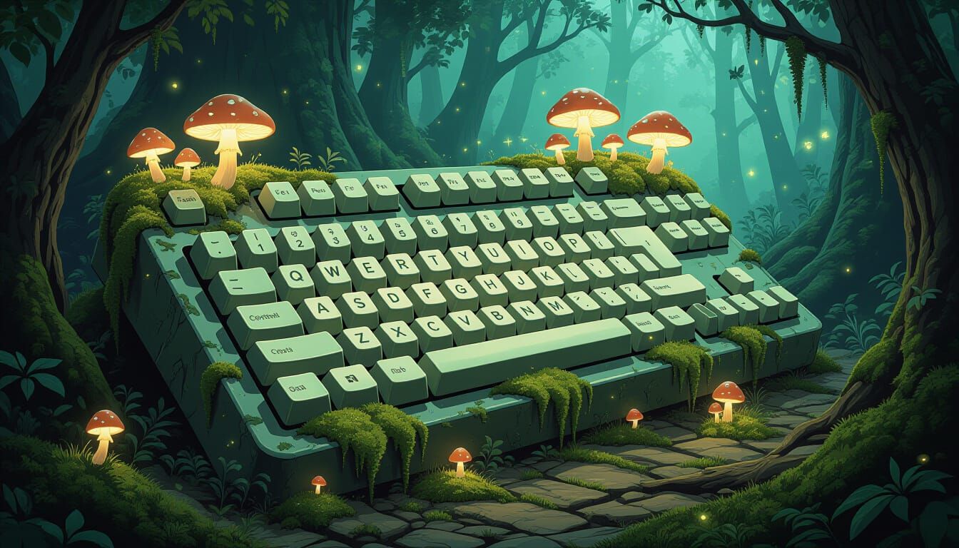 Ancient Keyboard in Enchanted Forest Clearing