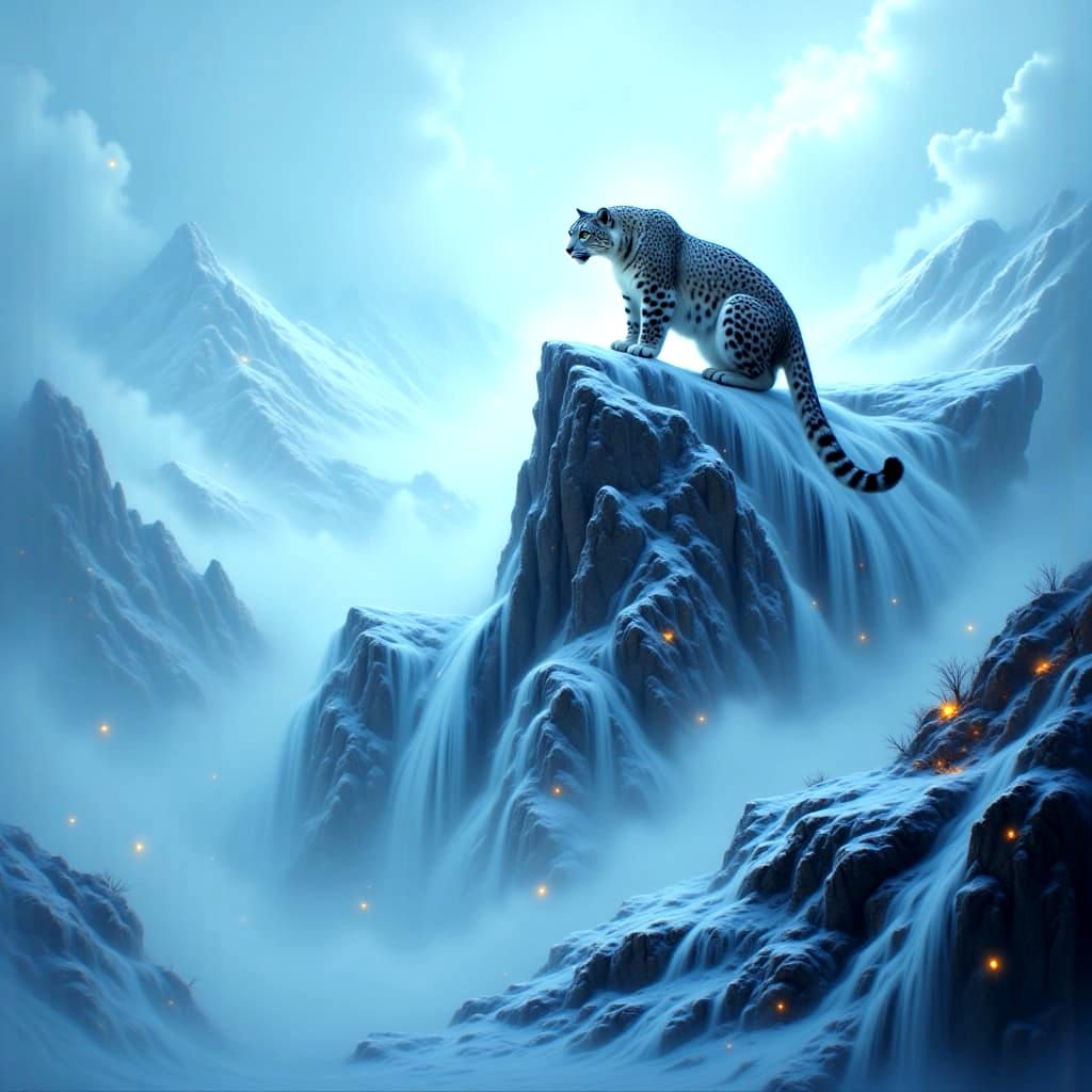 Majestic Snow Leopard in Ethereal Mountain Mist