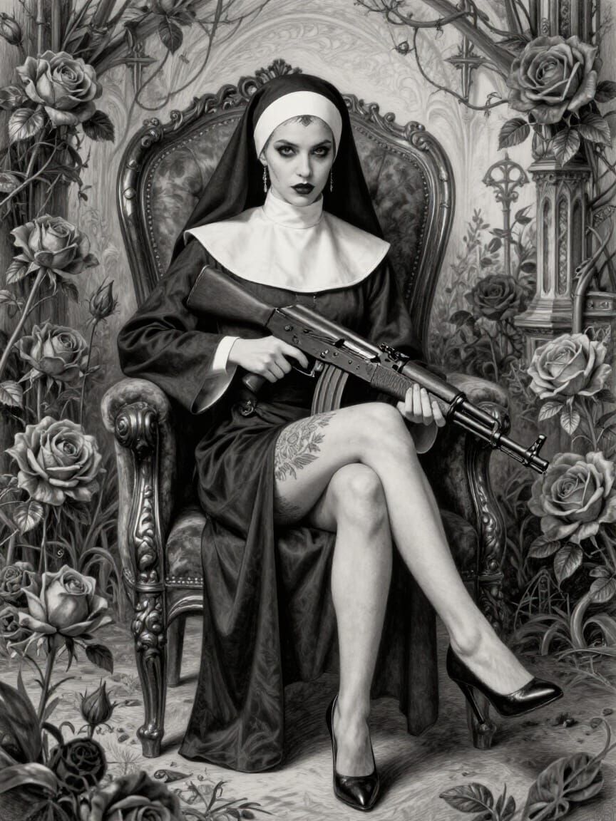 Goth Nun with AK-47 in Rose Garden