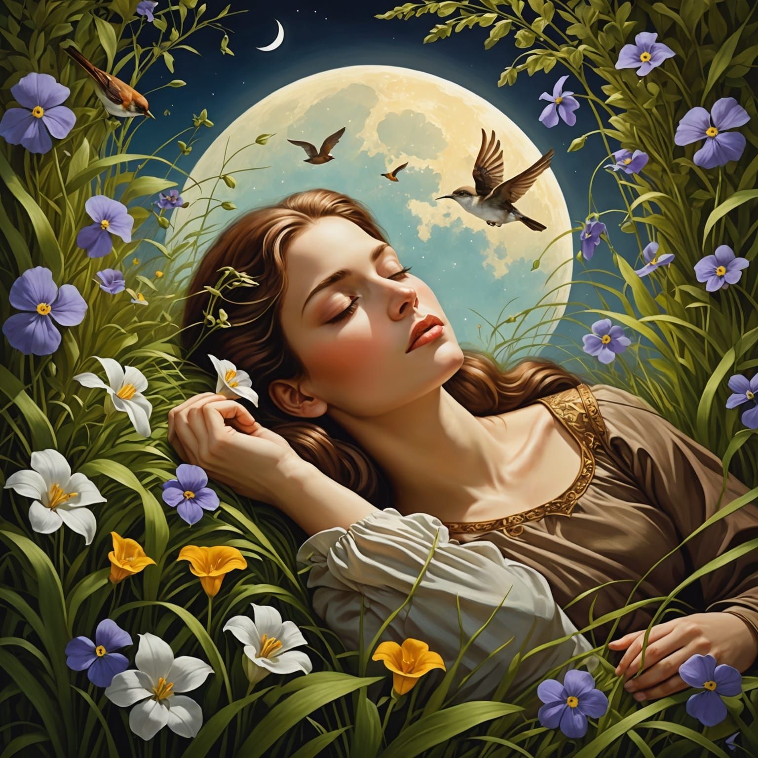 Sleeping Woman in Grass, Michelangelo Style Oil Painting