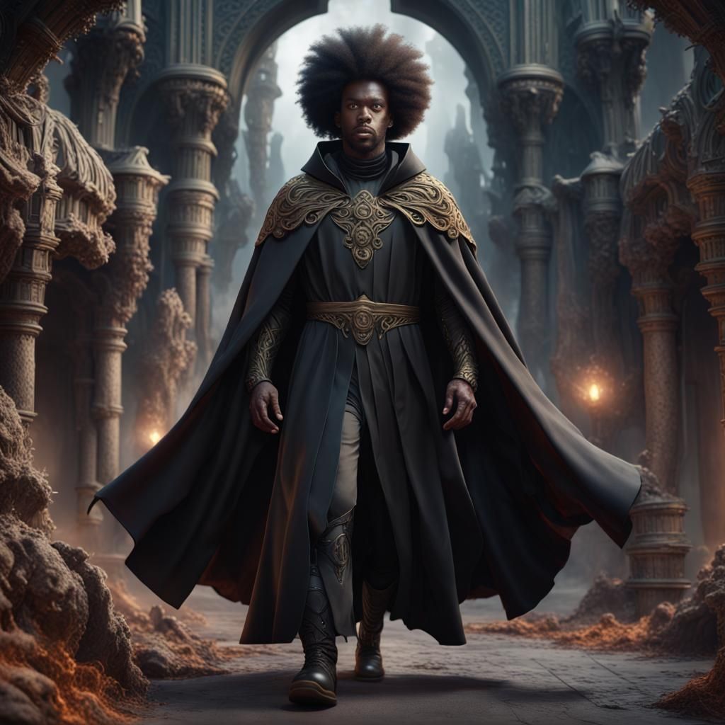 Demonic Black Man with Afro in Black Cloak
