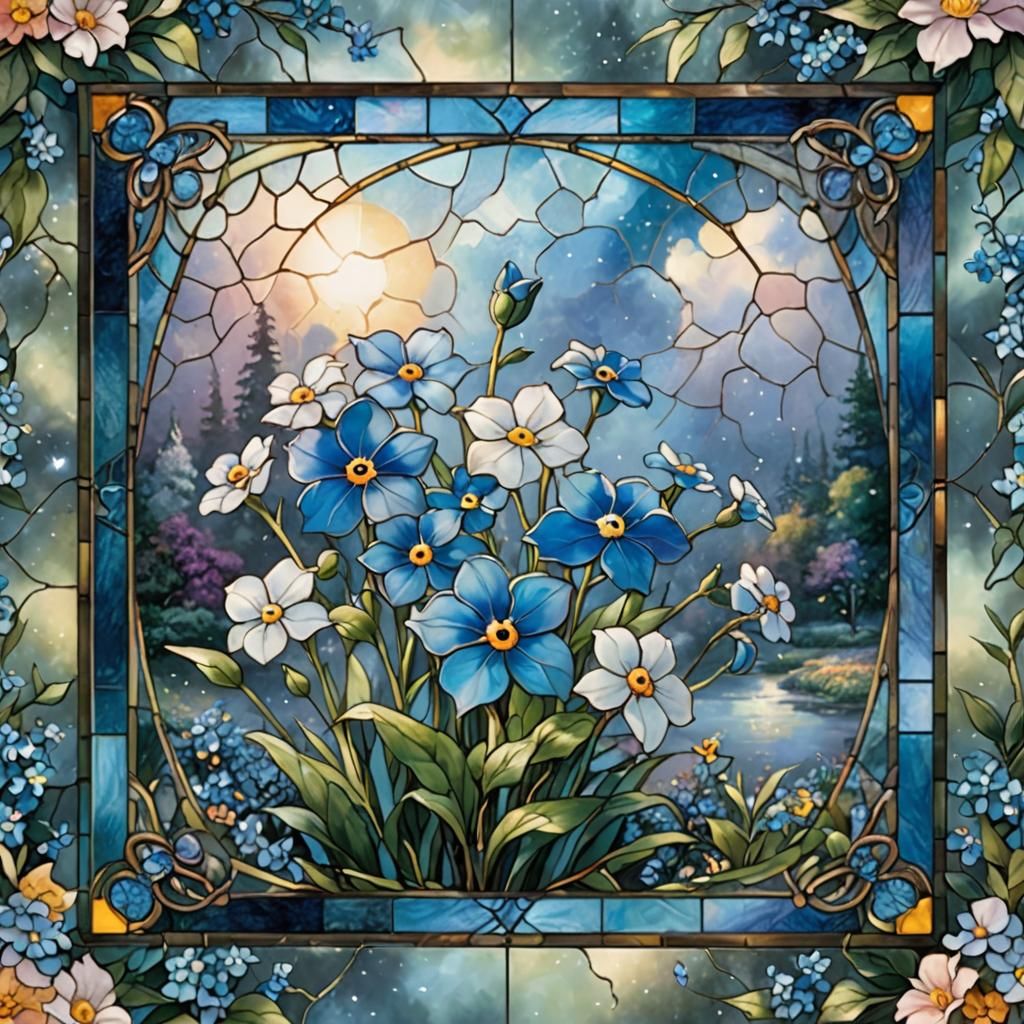Blue Stained Glass Forget-Me-Not in Ethereal Style