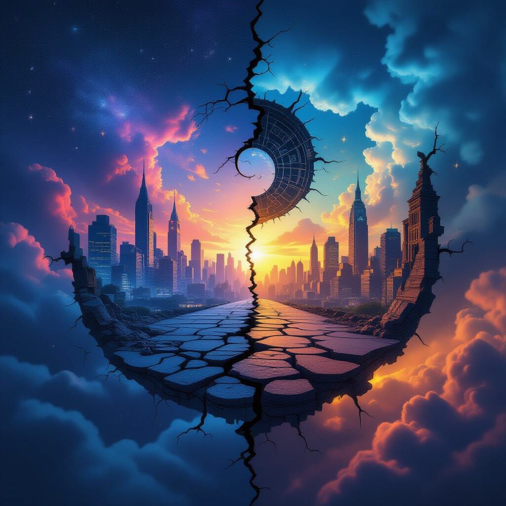 Surreal Urban Landscape Transition with Stargate Elements