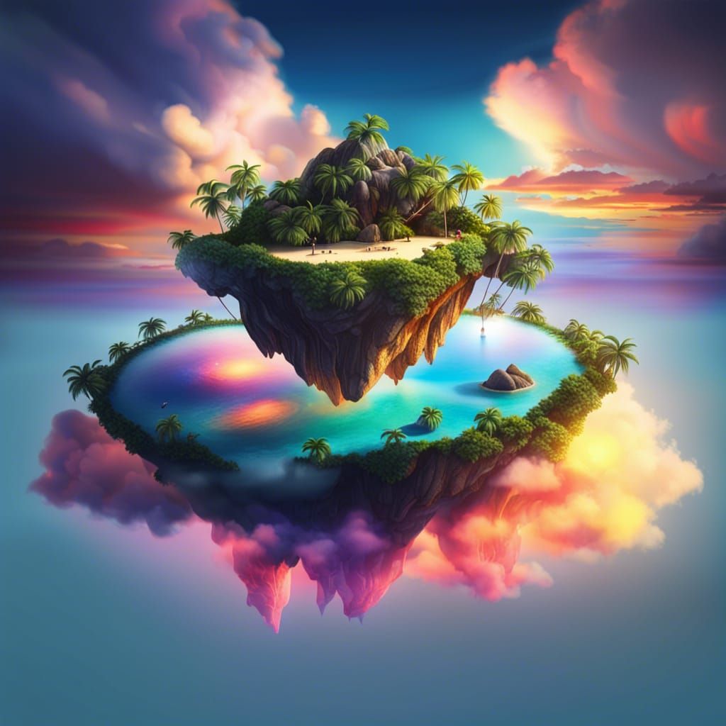 Hyperrealistic Floating Tropical Island at Sunset
