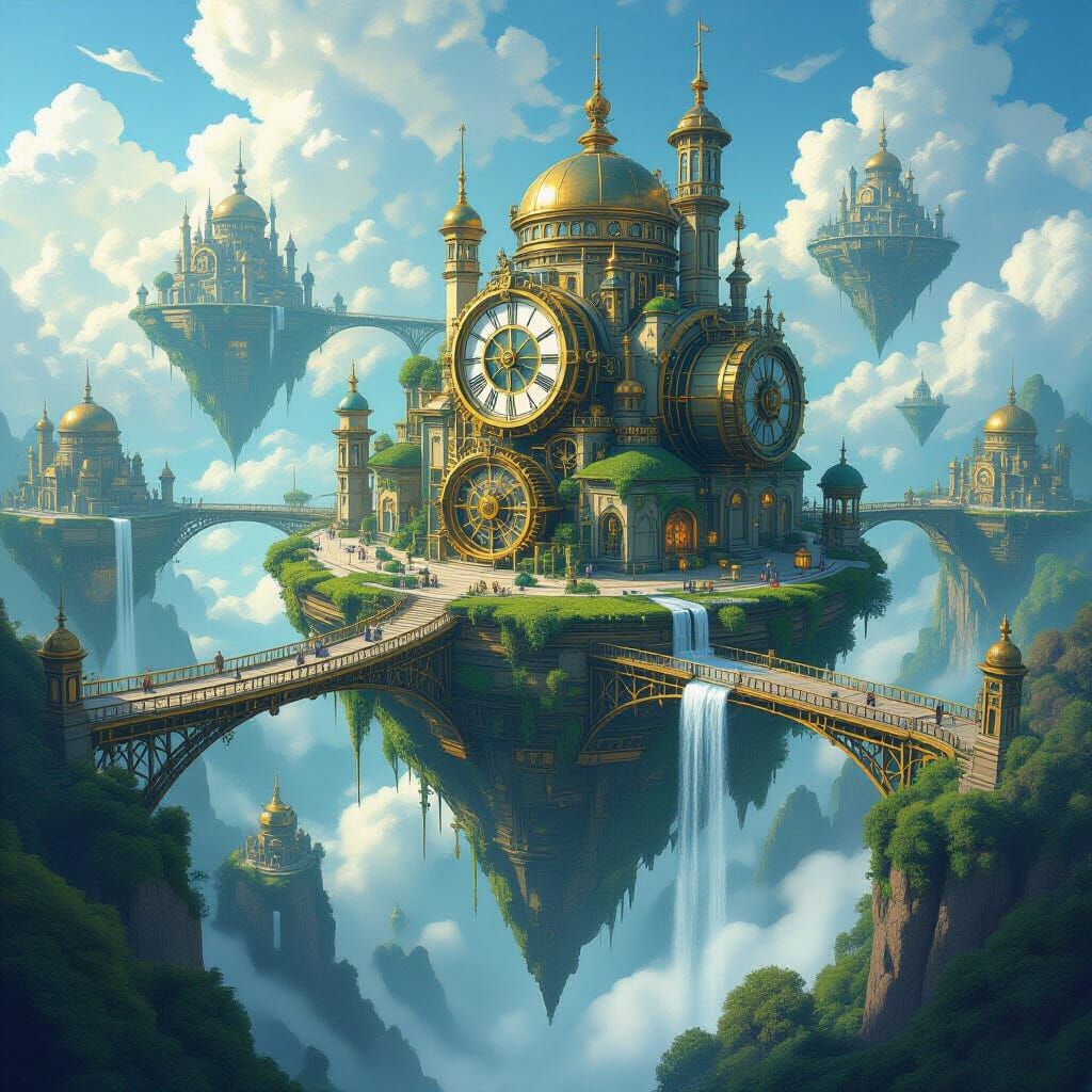 Clockwork City on Floating Islands in Steampunk Art Nouveau ...