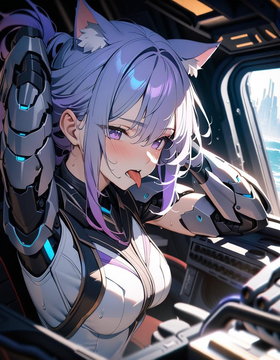 Catgirl Assassin in Mecha Cockpit with Cyan-Purple Hair