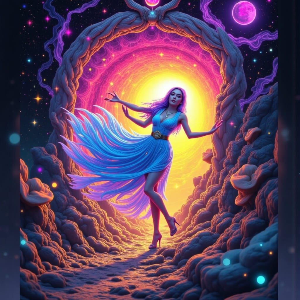 Spectral Messenger Hurling Through Iridescent Portal