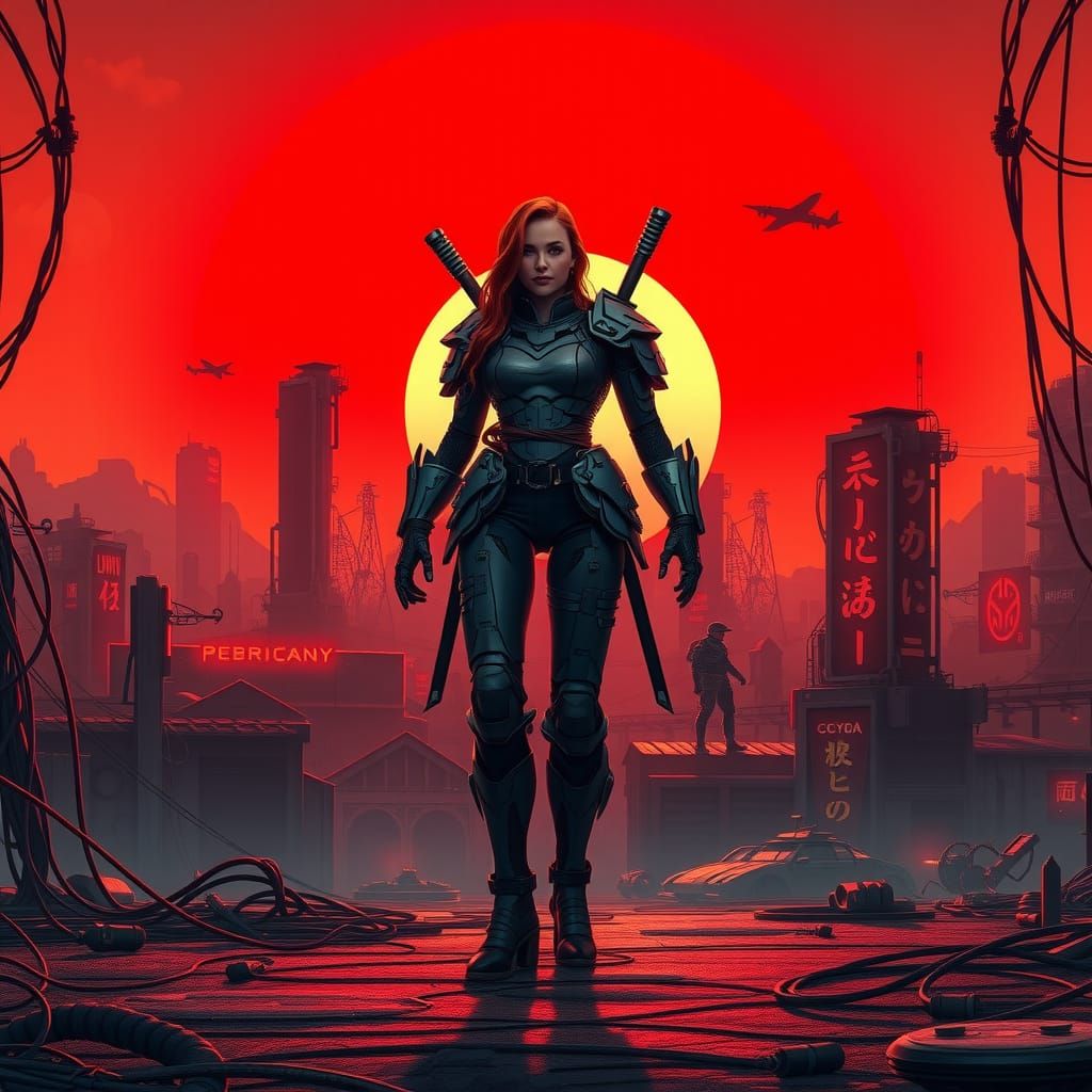 Cyberpunk Cyborg Woman in Dystopian Cityscape