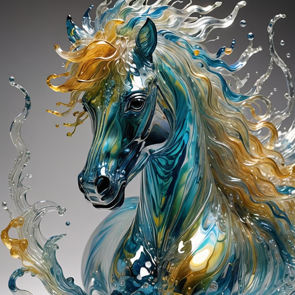 Prismatic Glass Horse Sculpture Running Through Waves