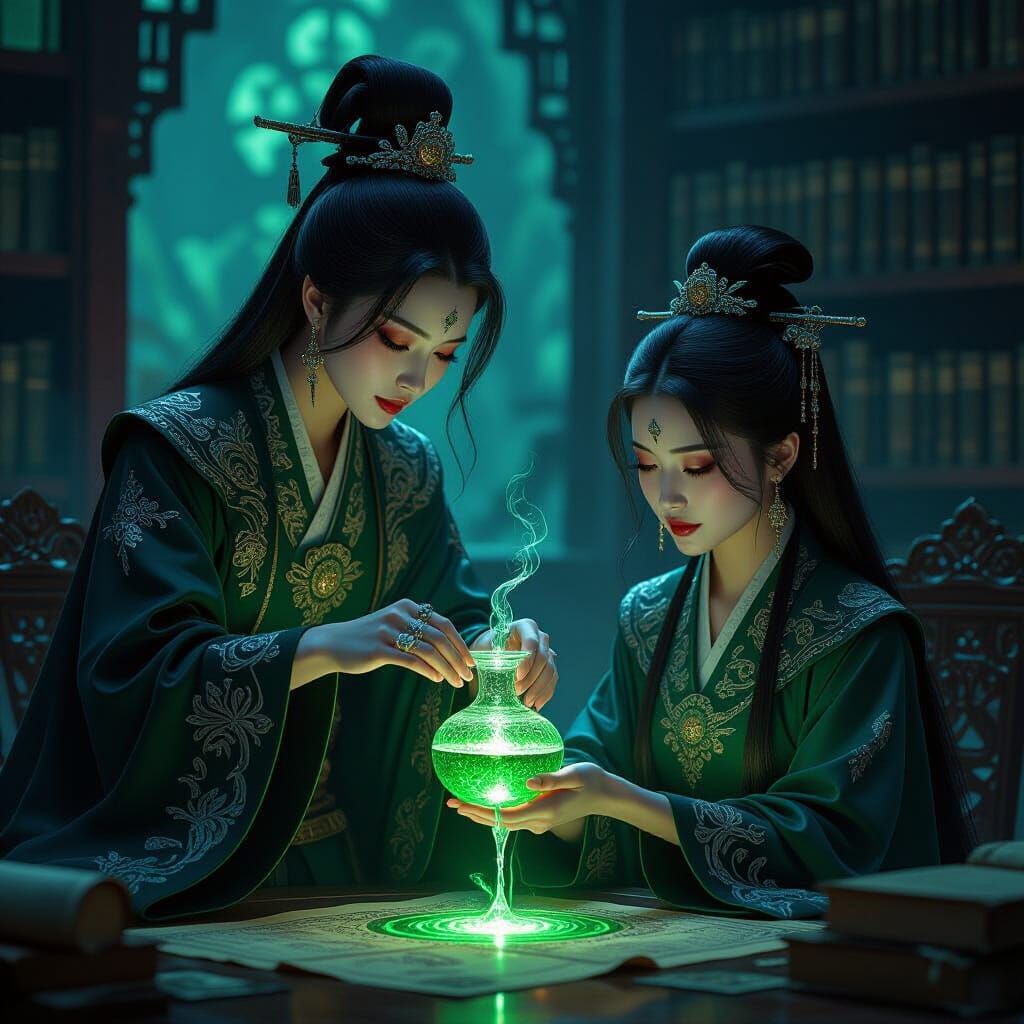Chinese Gothic Witch Pours Potion in Ancient Library