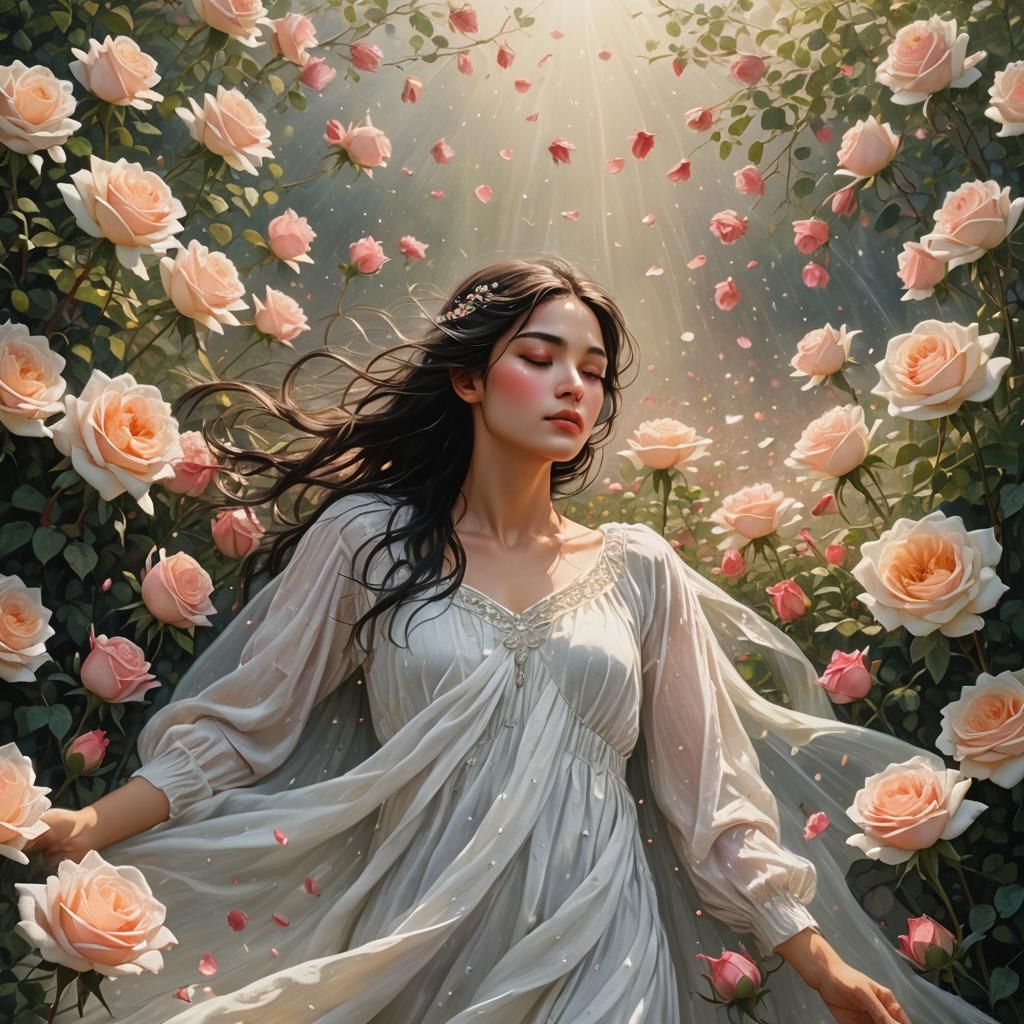 Ethereal Woman Soaring Above Rose Field