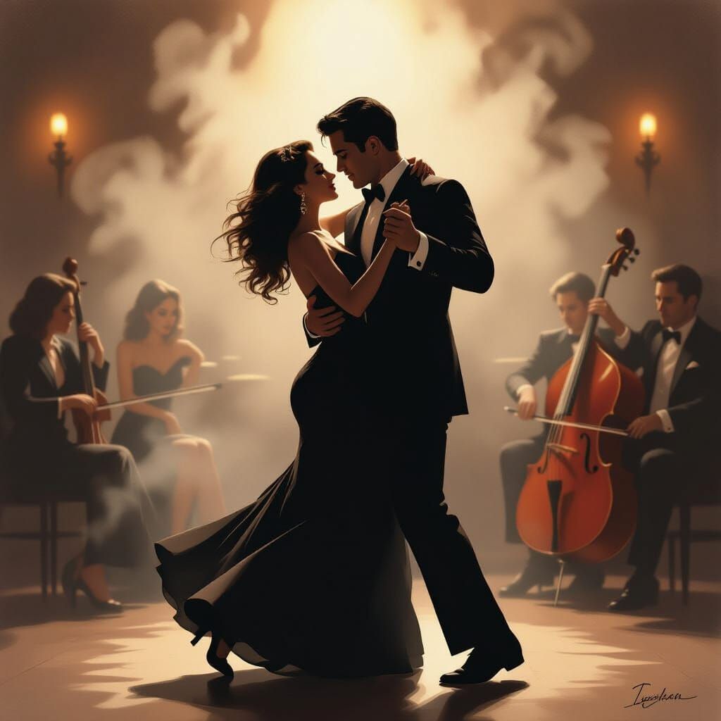 Passionate Couple Dancing in Smoky Jazz Club Vintage Airbrus...