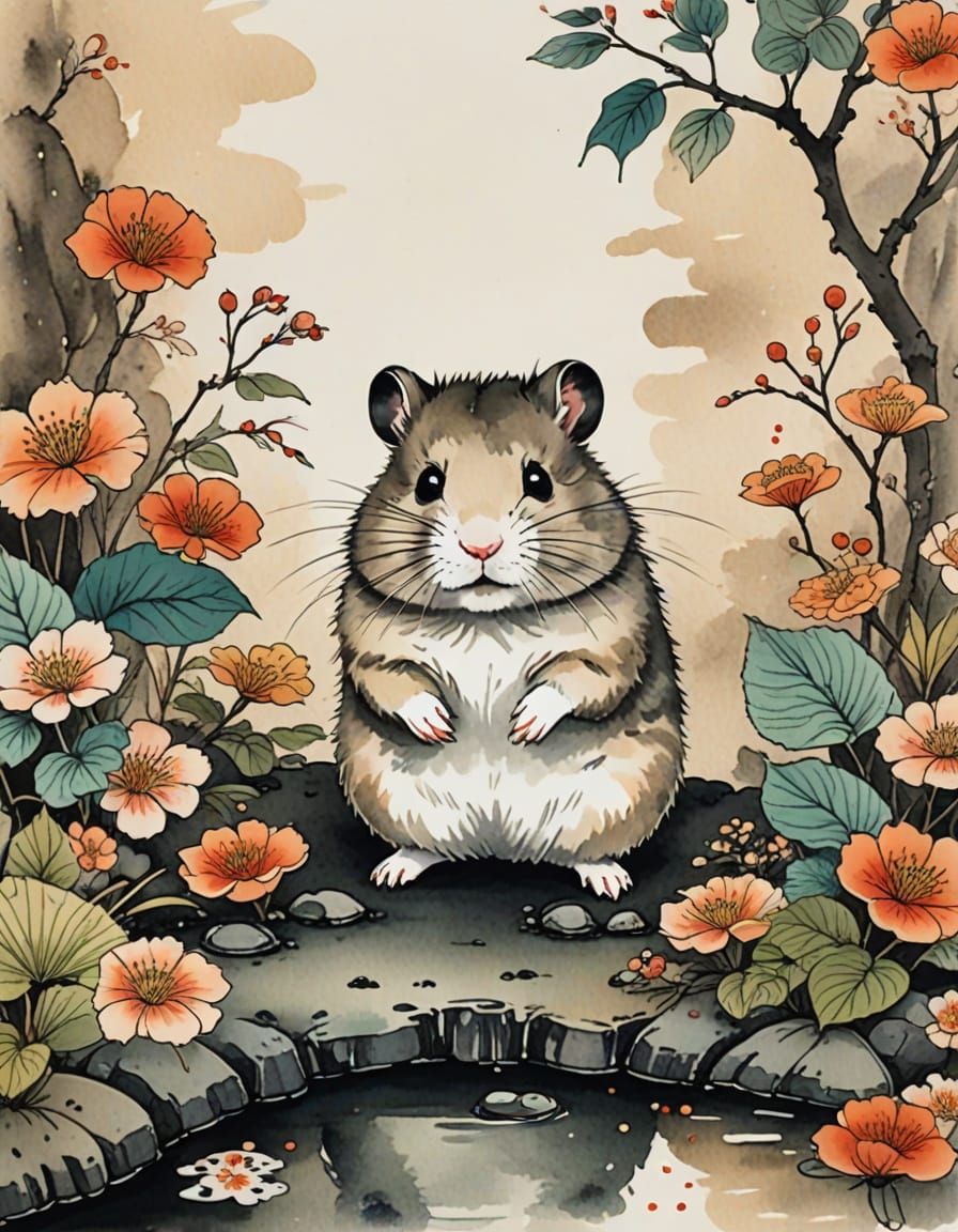 Whimsical Hamster in Traditional Japanese Zen Garden, Ink Ar...