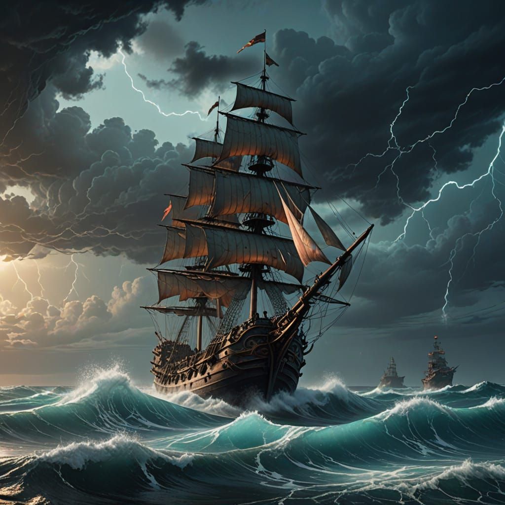 Majestic Galleon Sails Through Turbulent Stormy Waters in Fa...