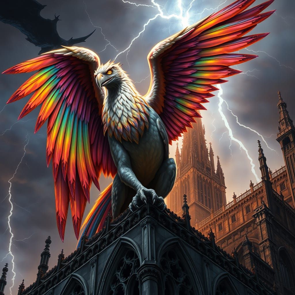 Griffin on Gothic Cathedral with Rainbow Feathers