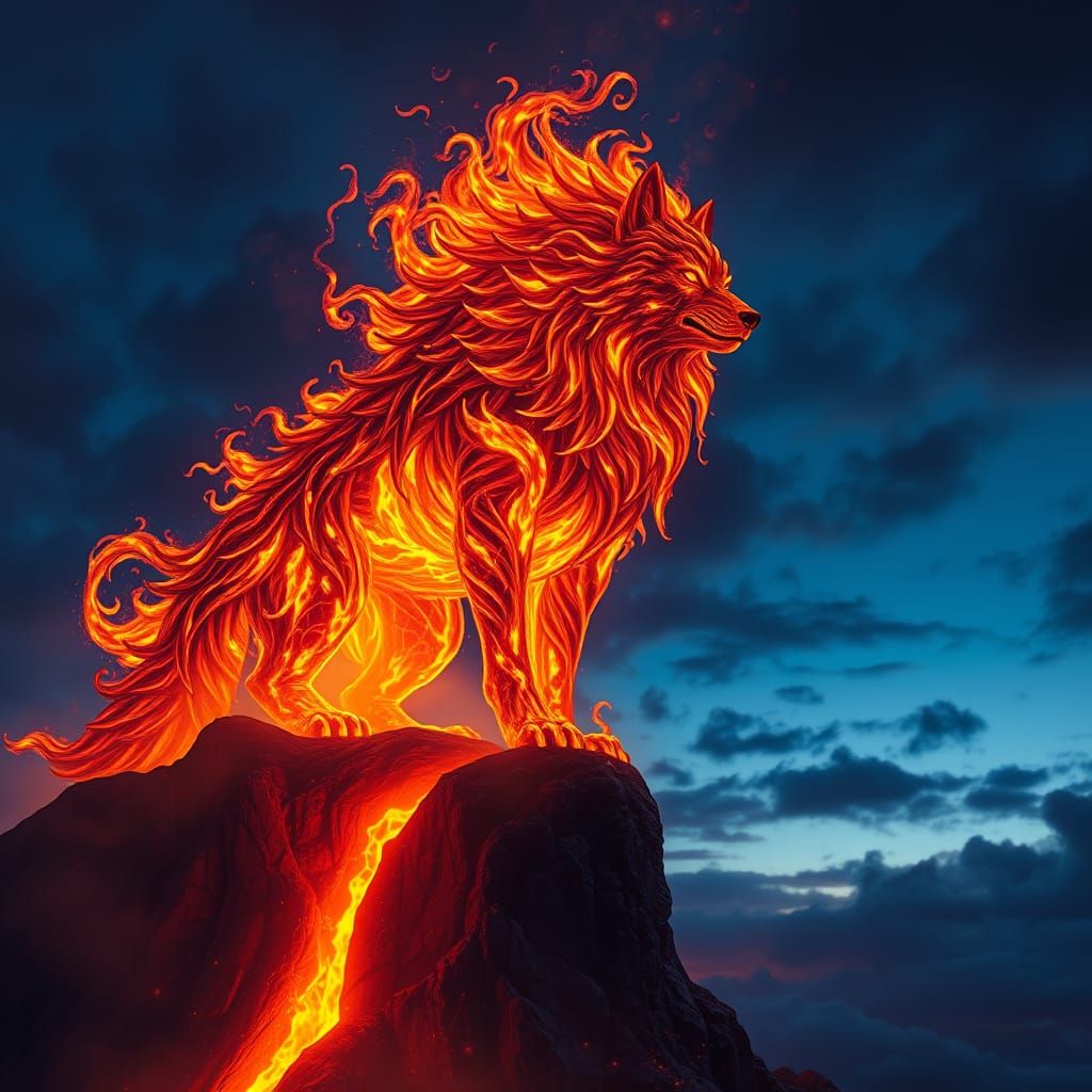 Fiery Wolf Entity on Blazing Cliffside at Night