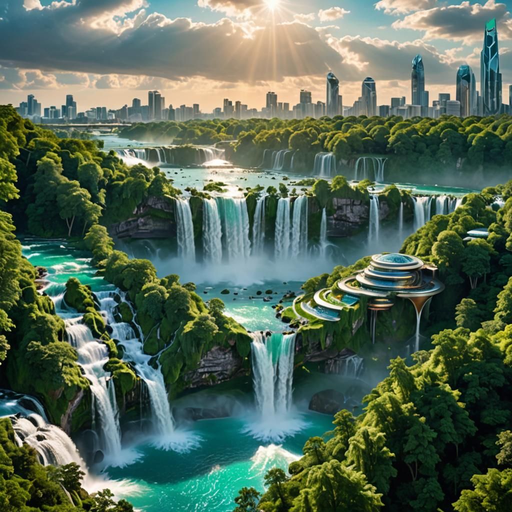Futuristic Eco-City Waterfalls in Hyper-Realistic Digital Ar...