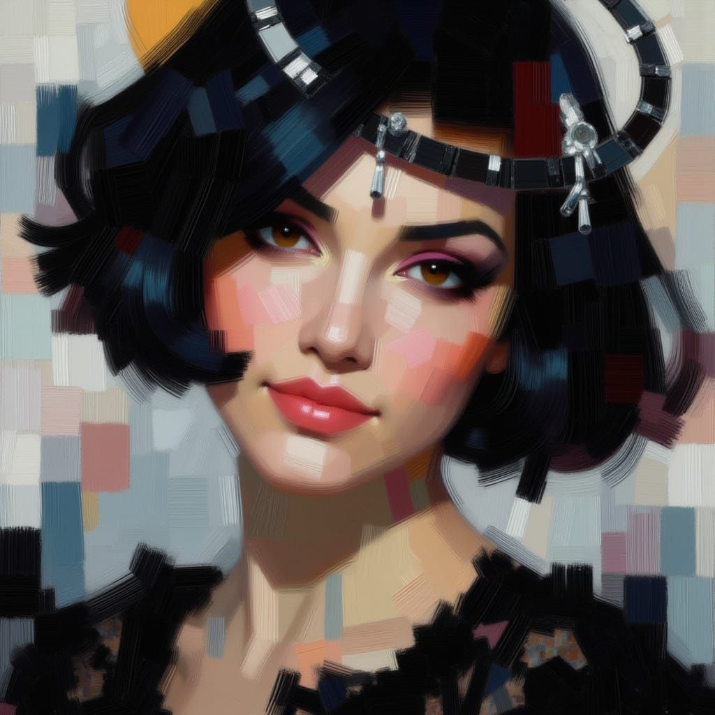 Ethereal Goth Woman with Halo in Expressionist Oil Painting