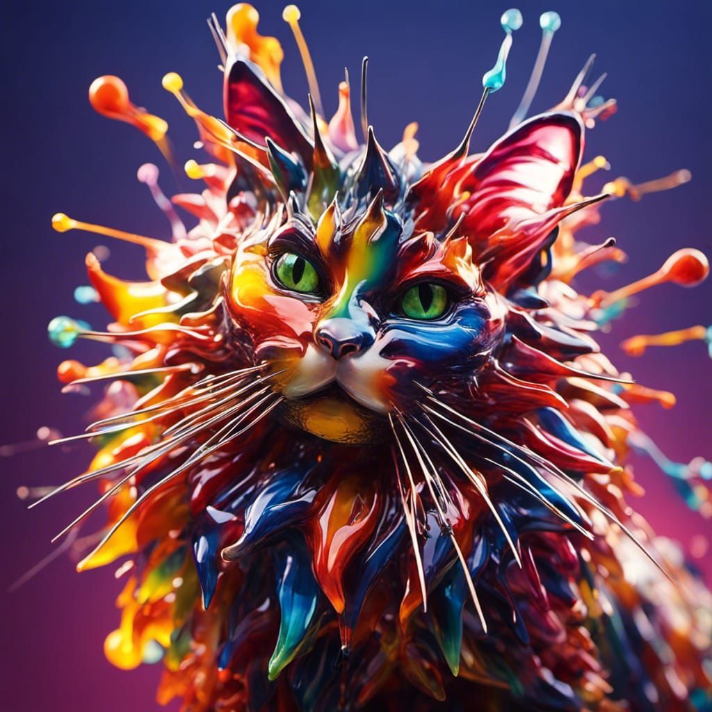 Colorful Blown Glass Cat with Neon Accents