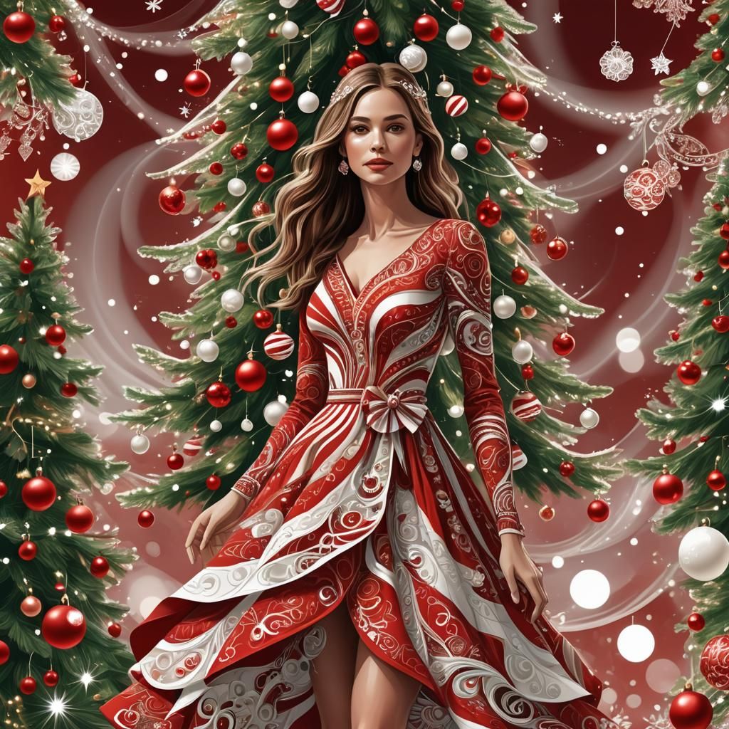 Festive Woman by Christmas Tree with Abstract Elements