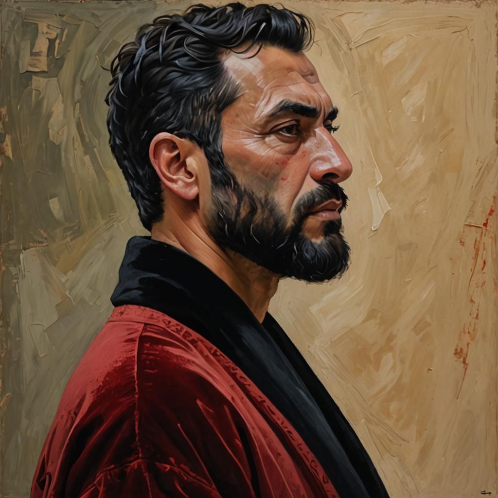 Attractive Man in Red Robe as Impasto Painting