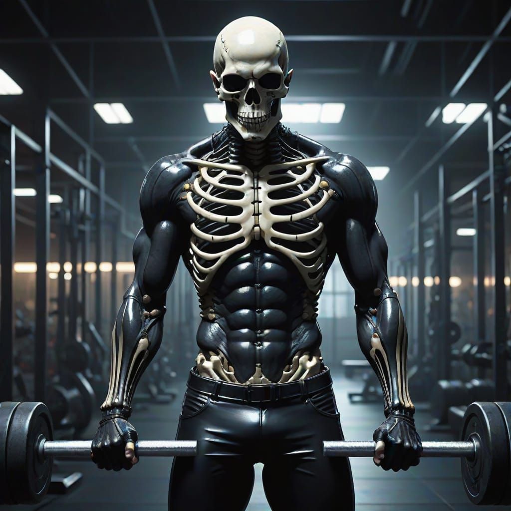 Gothic Skeleton Man in Dark Gym: Digital Art