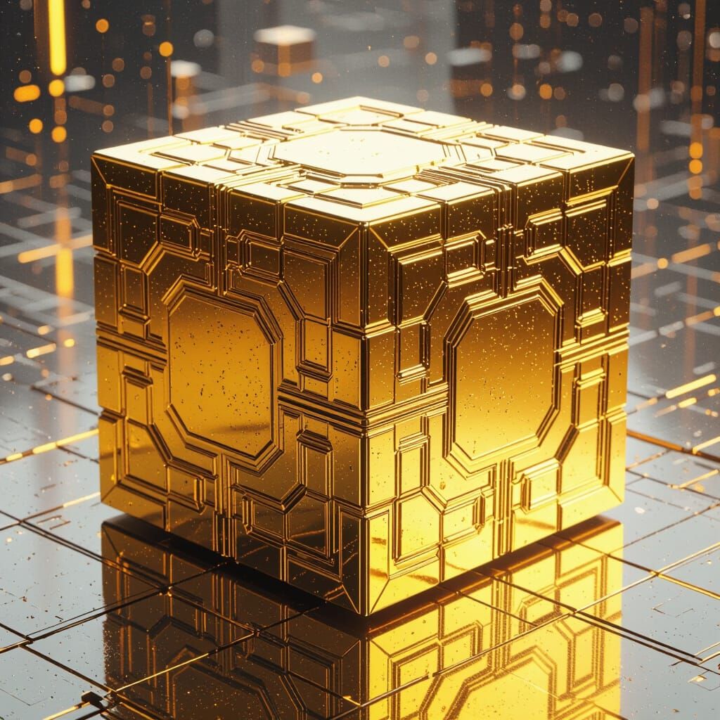 Intricate Golden Cube with Futuristic and Surreal Ambiance