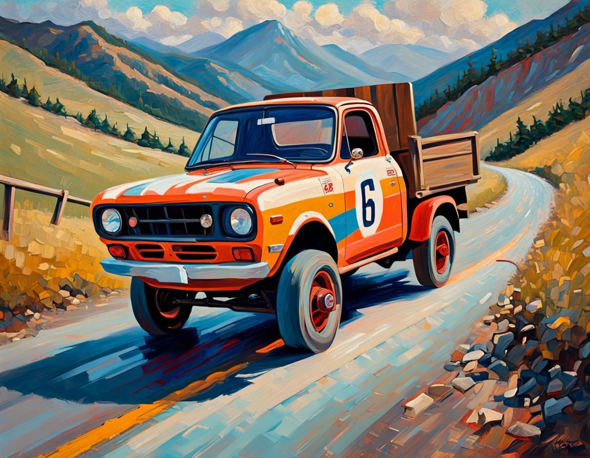Vintage Datsun Race Truck: Neo-Impressionist Oil Painting