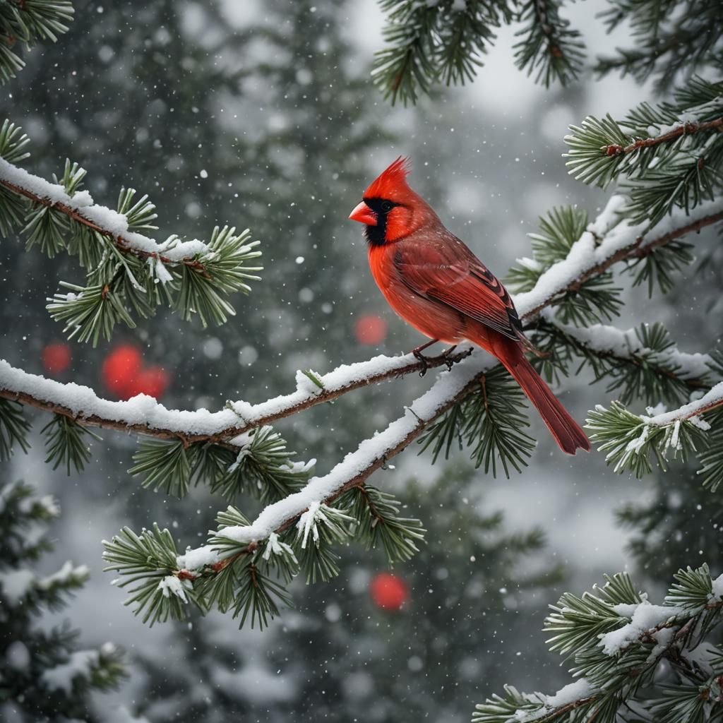Red Cardinal in Winter Snowfall: Fantasy Concept Art