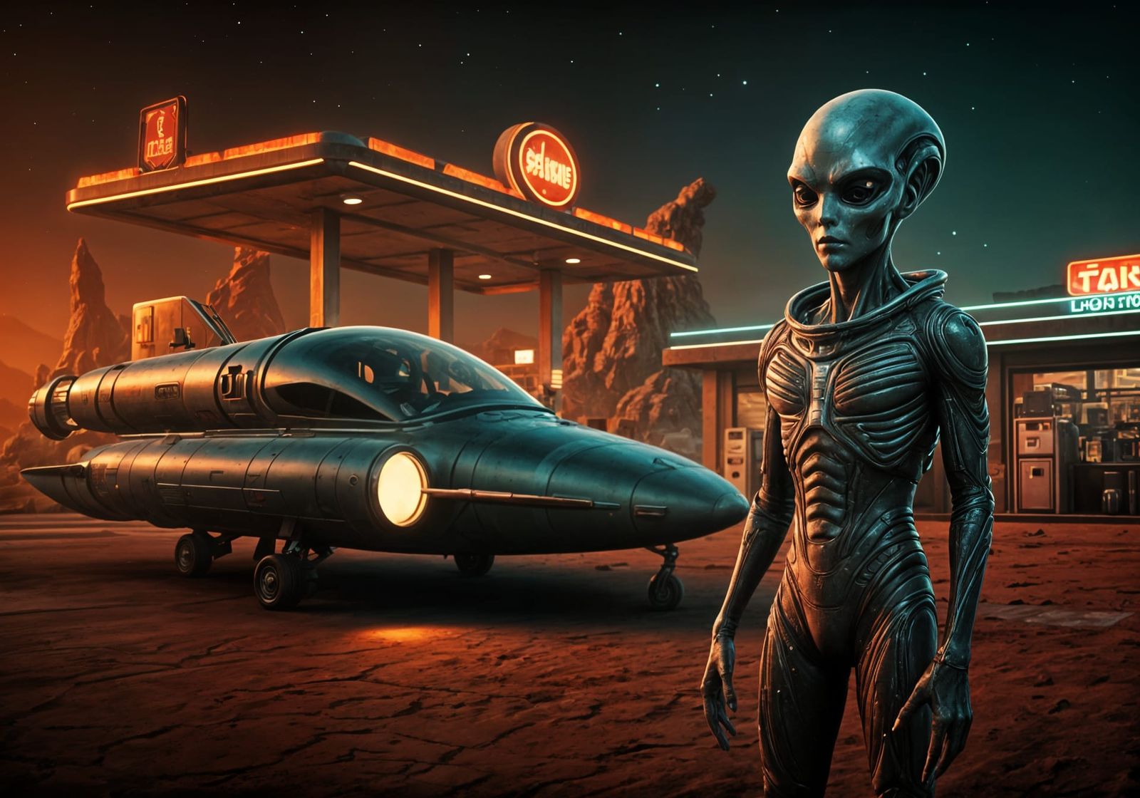 Retro-Futuristic Alien Gas Station on Mars