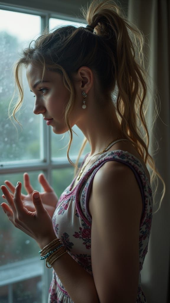 Woman in Wide-Brimmed Hat, Red Dress, White Background