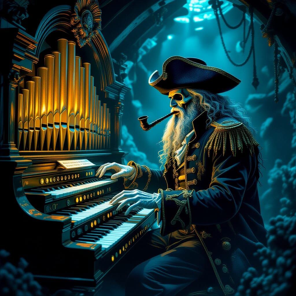 Davey Jones Plays Barnacle Organ in Dark Fantasy Style