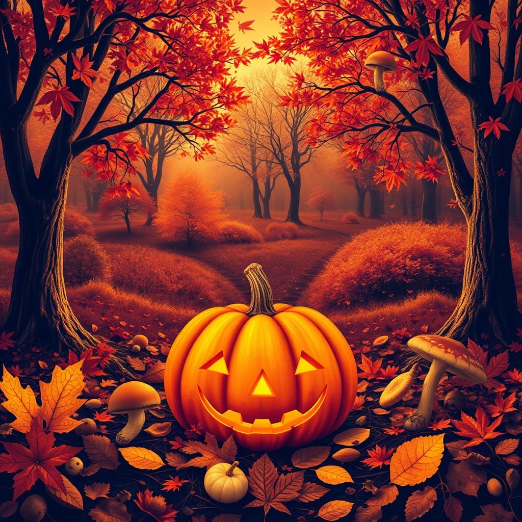 Enchanting Folk Art Autumn Landscape with Wildlife