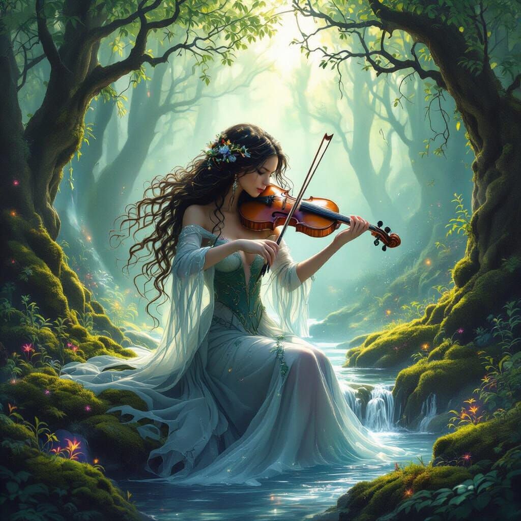 Waterfall Haired Woman Plays Violin in Mystical Forest