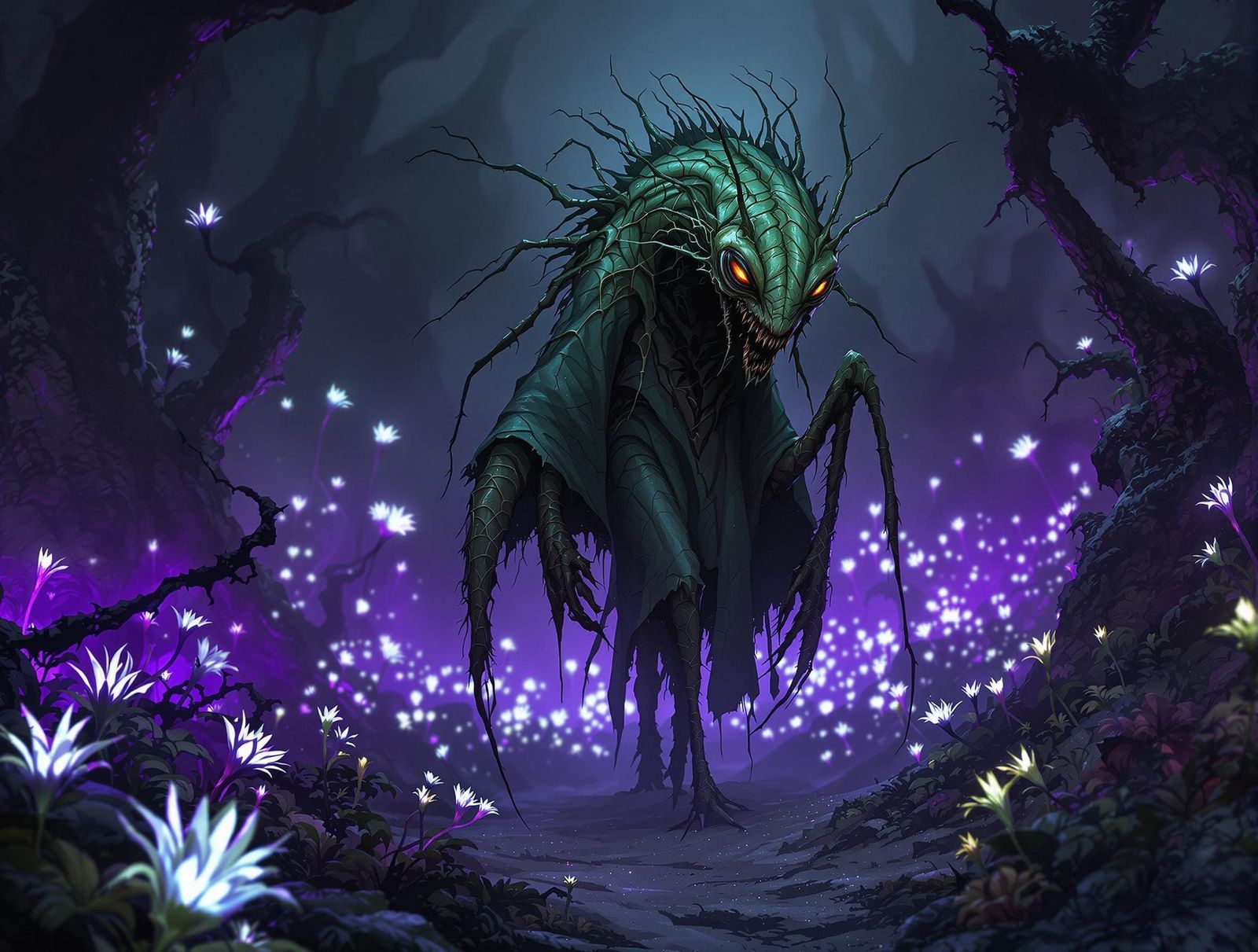 Grotesque Praying Mantis Monster in Alien Garden