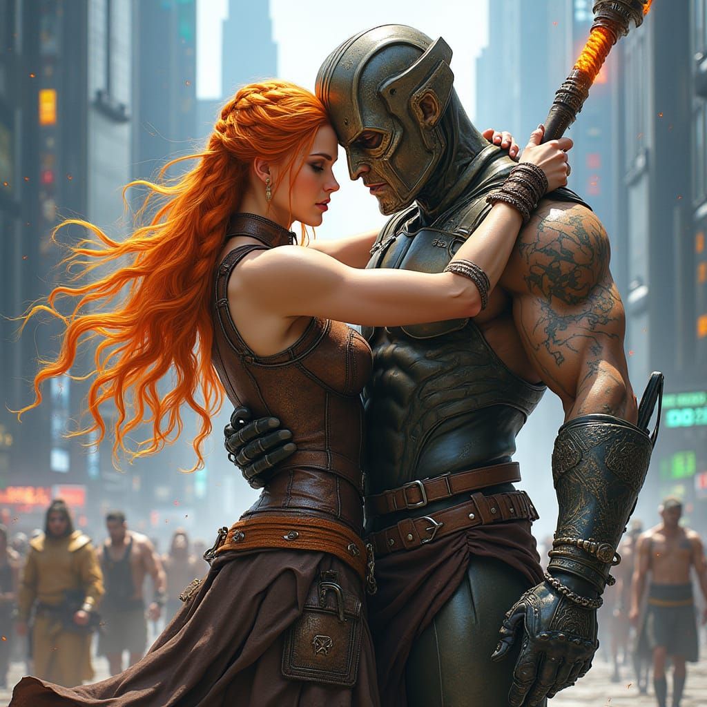 Celtic Queen and Cyborg Embrace on Battlefield